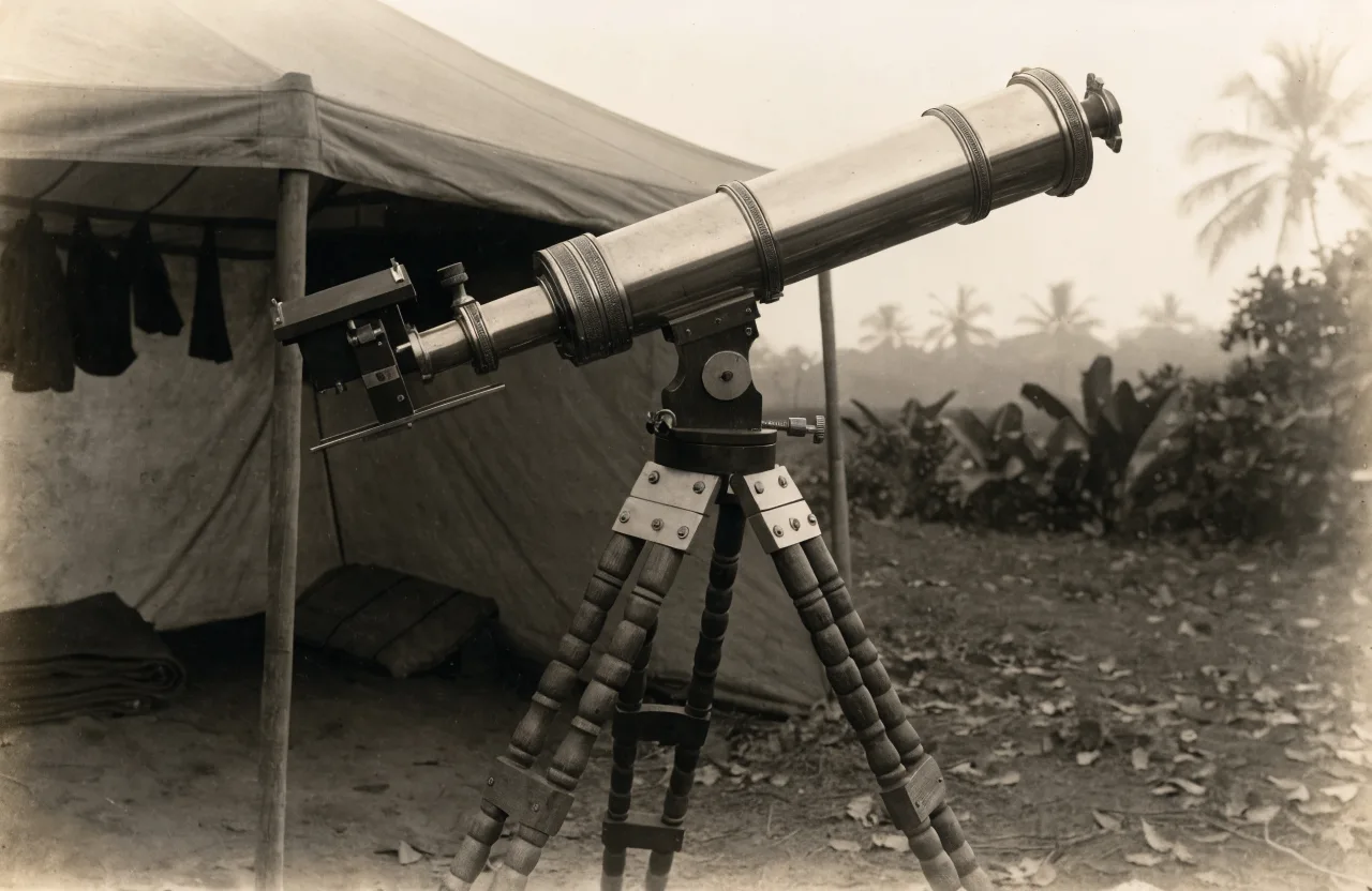 Fotografia sépia do telescópio astrográfico da expedição de 1919, montado sob estrutura de madeira e lona no acampamento de Sobral.